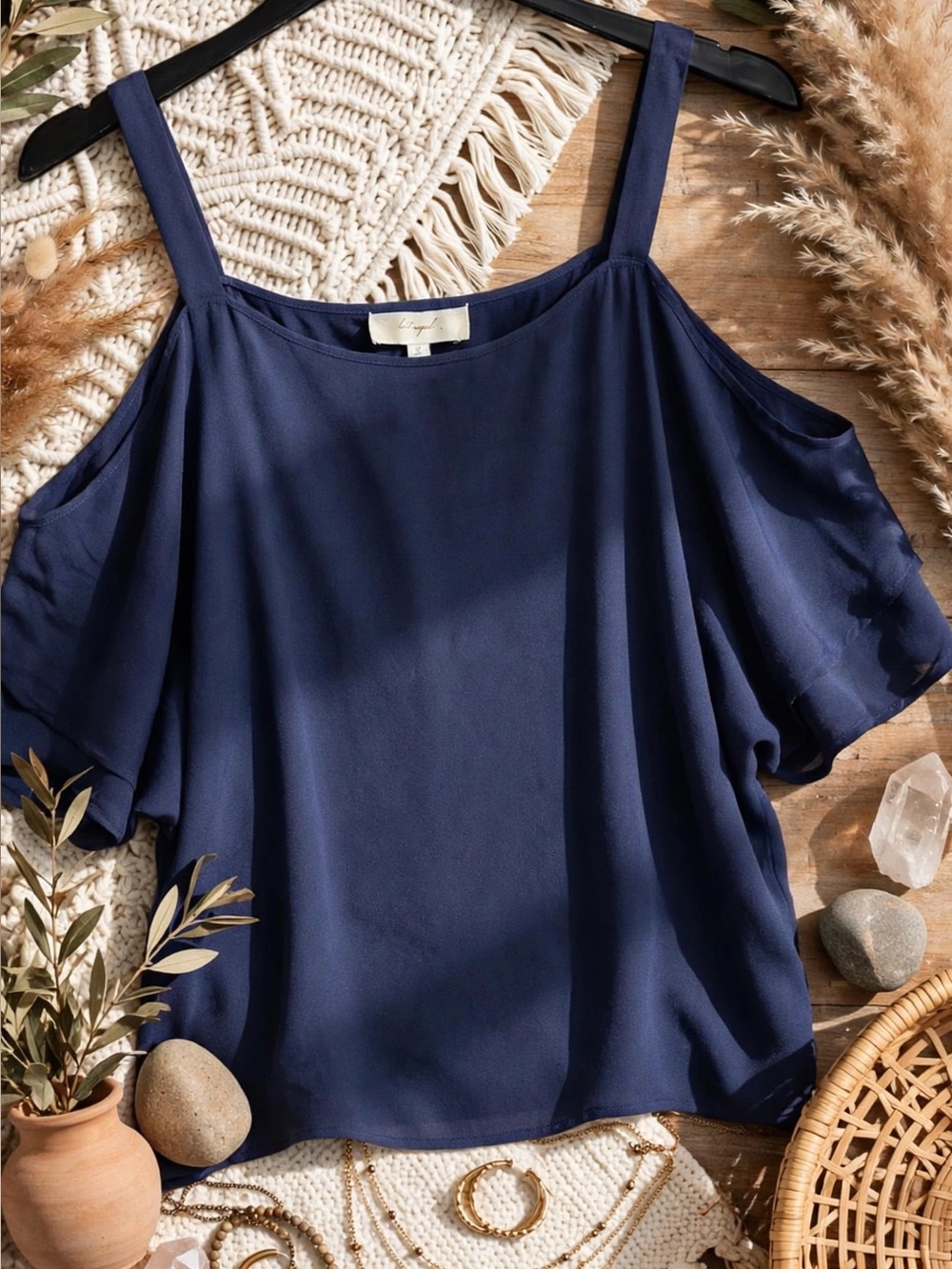 Boutique Cold-Shoulder Navy Blouse - Lightweight Women's Top